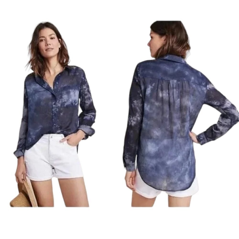 Pilcro Anthropologie The Cate Classic Navy Print Button Front Blouse Cotton
